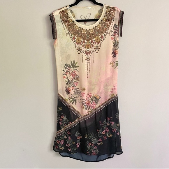 Desigual Elo Sheer Floral Chiffon Flapper Bejeweled Neckline Midi Knee Dress - S - Picture 12 of 14